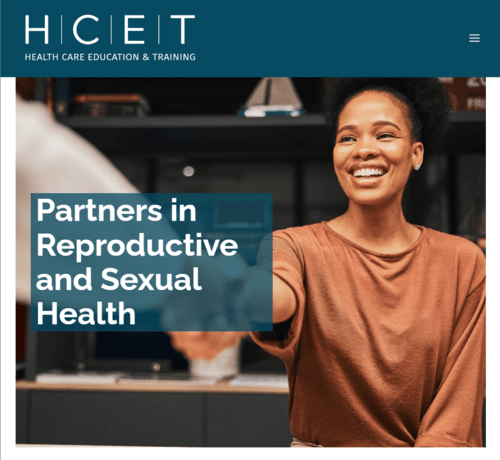 Screen shot of the HCET.org website. Image shows a doctor's arm in a white coat reaching out to shake hands with a woman in an office setting.